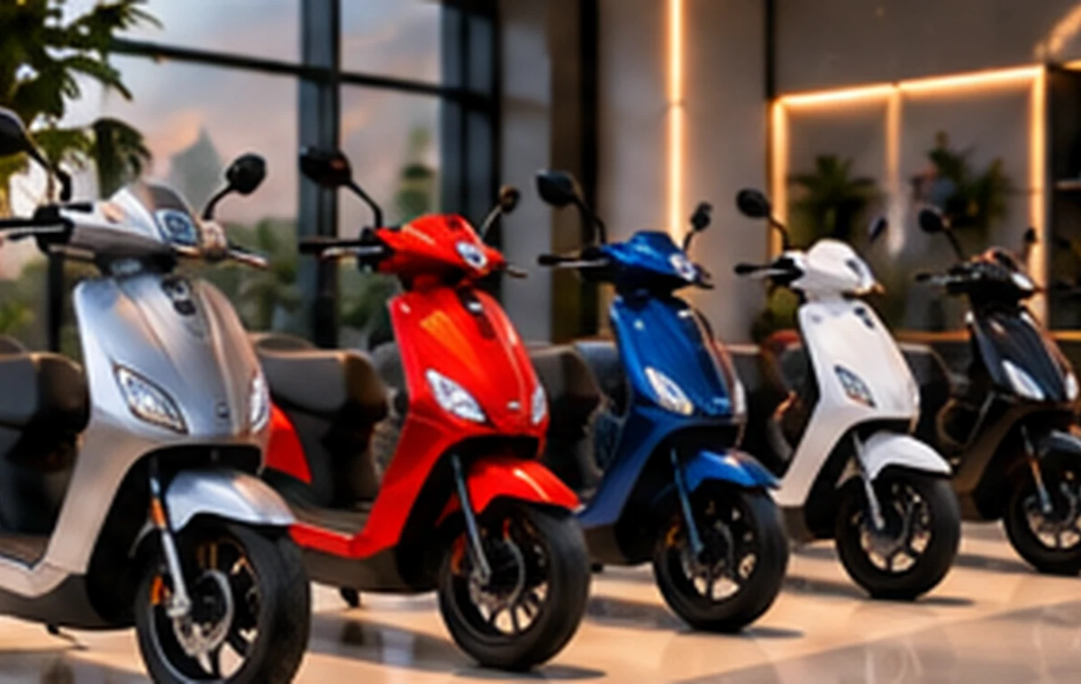 Showroomda farklı elektrikli motosiklet ve scooter modelleri